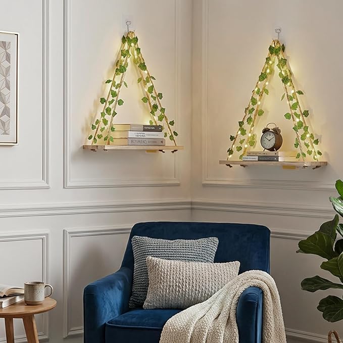 RICHER HOUSE Artificial Ivy LED-Strip Wall Hanging Shelves, Macrame Shelf for Bedroom Bathroom Living Room Kitchen, Wood Hanging Plant Shelves for Wall Décor