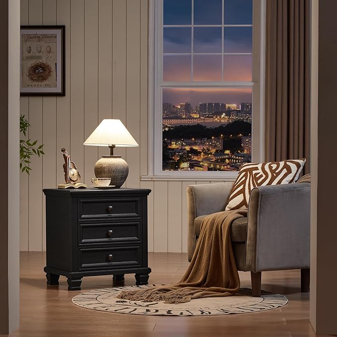 Farmhouse Nightstand Set of 2, Rustic Couch End Table with 3 Drawers & 4 Square Solid Wood Legs, Vintage Bed Side Table with Storage, Small Dresser for Bedroom, Living Room, Black