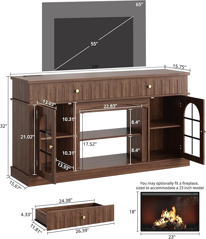 IRONCK TV Stand for 65 Inch TV, Entertainment Center with Charging Station and and Fireplace Mantel, Arched Design, Mid Century Modern TV Stands for Living Room and Bedroom, Walnut Brown