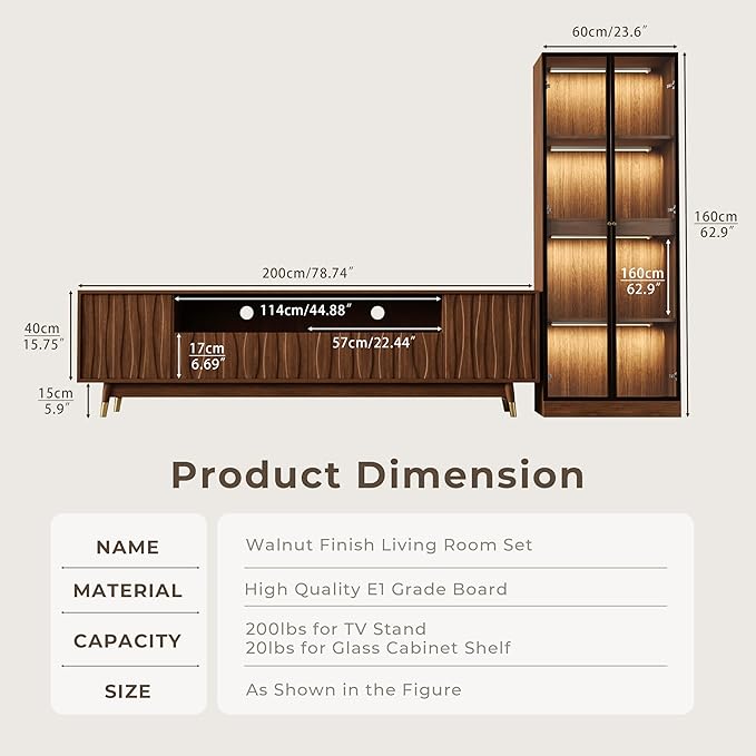 Mid-Century Modern TV Stand and Glass Display Cabinet Entertainment Center Set Media Console with Wine Cabinet Lighted Showcase Storage and Drawers for Living Room Office (102" W 2-Piece Set - AC)