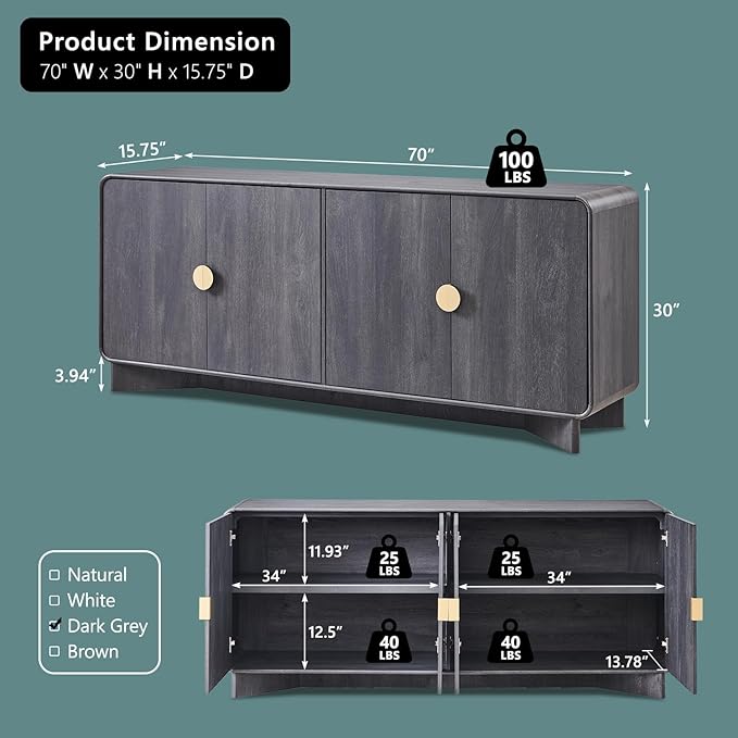 70" Modern TV Stand for TVs Up to 80 inches, 30" Tall Entertainment Center with Storage and Adjustable Shelves, TV Console with Curved Profile Design, Media Console for Living Room, Dark Grey