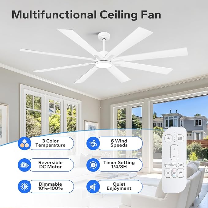 72 Inch Large Outdoor Ceiling Fans for Paitos with Light Remote, Modern Industrial Ceiling Fan with White/Oak Blade 6 Speed Quiet Reversible DC Motor, Dimmable High CFM Ceiling Fan for Indoor/Exterior