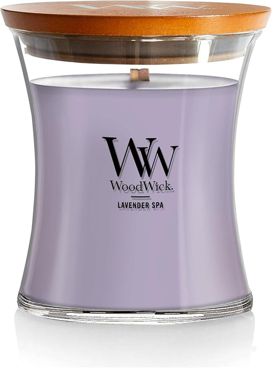 WoodWick Lavender Spa Gifts for Women and Men, 9.7 oz Medium Hourglass Candle with Crackling Wick