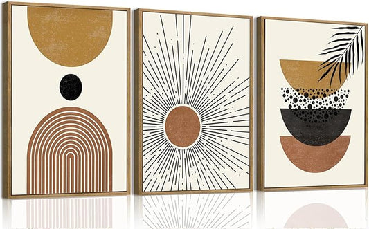 Bwodke Boho Wall Art, Framed Abstract Sun Wall Art, Neutral Canvas Wall Decor, Mid Century Geometric Line Pictures Set of 3, Minimalist Paintings, for Bedroom Living Room Bathroom 16"x24"