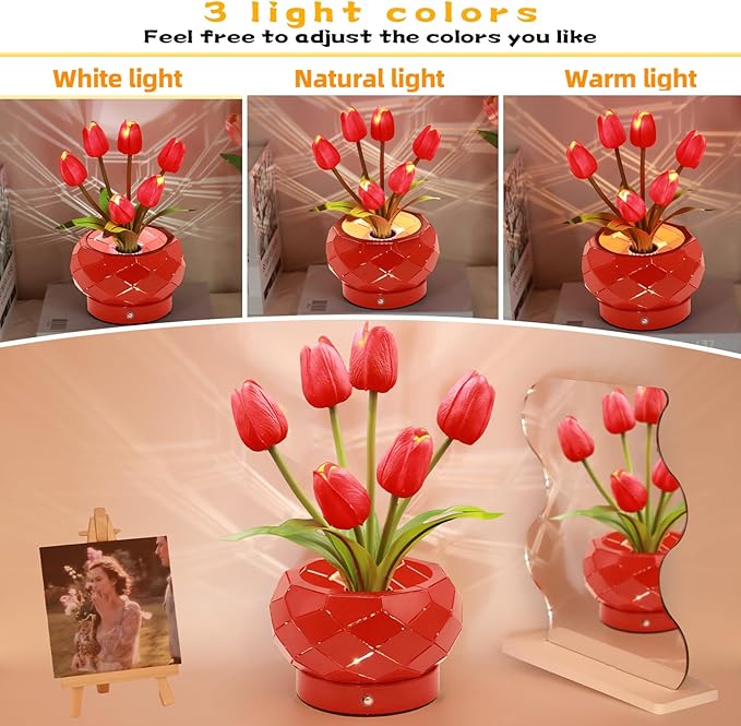 Birthday Gifts for Women,Tulips Flower Touch Lamp,Rechargeable Cordless Lamps 3-Colour Dimming Small Night Light for Festival,Restaurant,Bedroom,Office Home Decor Gifts for Mom