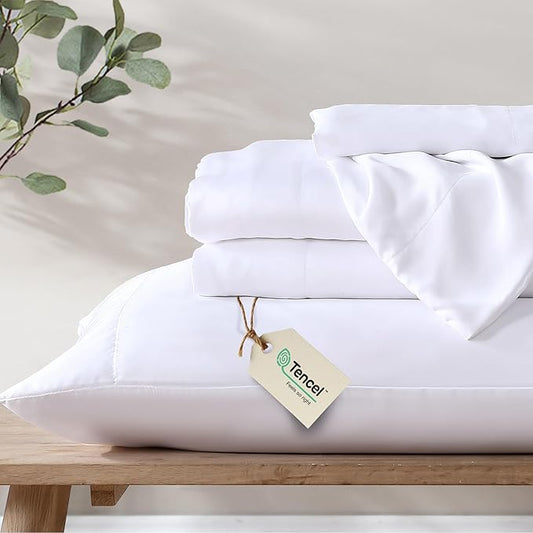 100% Eucalyptus Tencel Lyocell Sheet Set, Silky Soft & Smooth Cooling Sheets for All-Season, Sustainably Made, Moisture-Wicking, Hypoallergenic - King, White