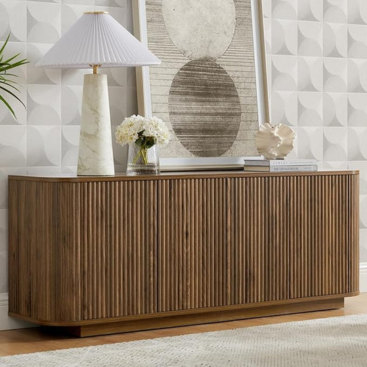 64" Buffet Sideboard Cabinet with Storage, Modern Fluted Accent Credenza with Adjustable Shelves, Wood Coffee Bar Console Table for Living Room Kitchen Dining Room Hallway, 24" H, Walnut