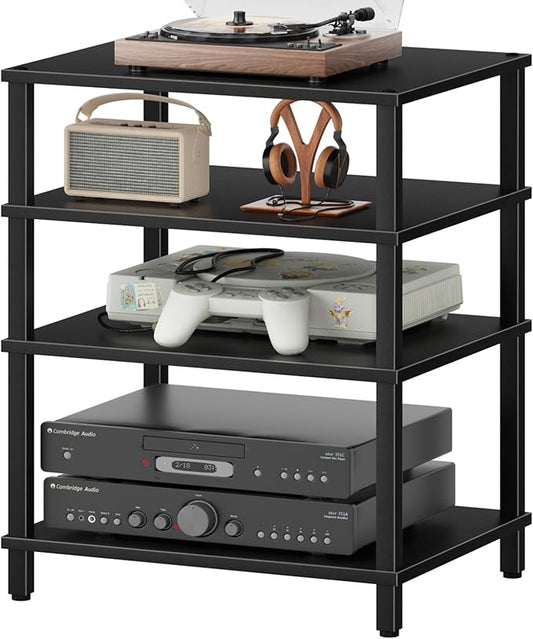 4-Tier AV Media Player Stand, Black Stereo Cabinet, Modern Stereo Cabinet, Wooden TV Stand,Game Console Shelf, Multifunctional Entertainment Center, Suitable for Home, Conference Room, Game Studio