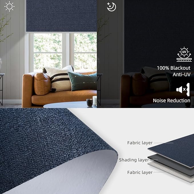 SmartWings Motorized Roller Blinds Work with Matter Homekit Z-Wave Thread Alexa Google, 100% Blackout Smart Window Shades for Bedroom, Cordless Remote Control Customized 16"-110" W, Eclipse Denim