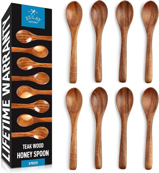 Zulay Kitchen Teak Wood Small Honey Spoons Set – 8 Piece Mini Wooden Honey Dippers, Handcrafted Natural Teak Wood, Durable, Smooth Finish & Food-Safe Design