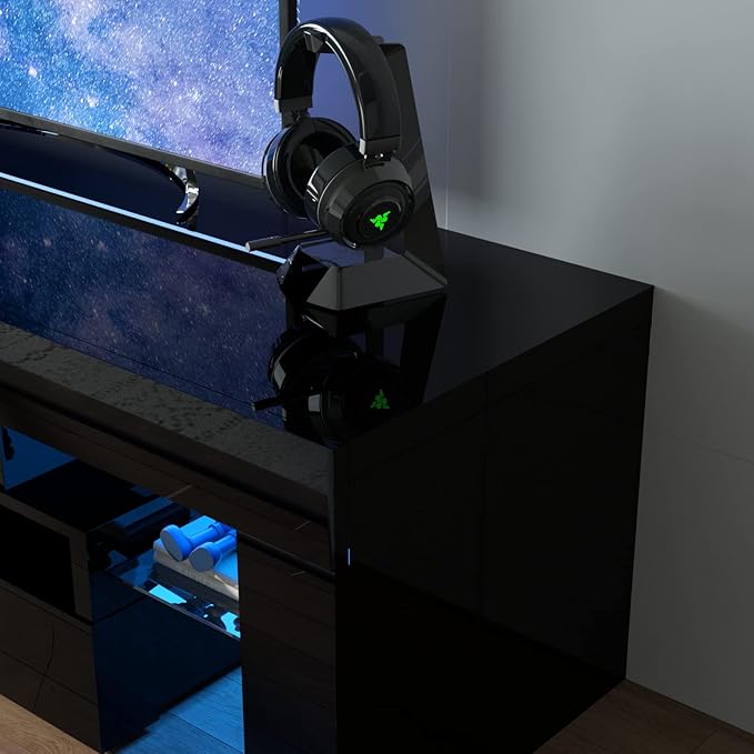 TV Stand with 16 Color LED Lights, Media Console with Drawer and Glass Open Shelf for 60/65/70 inch TV, Modern Gloss Entertainment Center for Living Room, Black