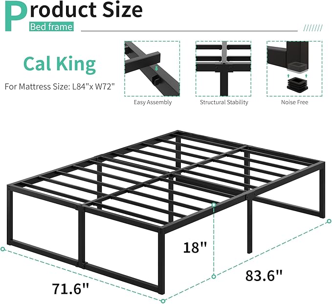 18 Inch California King Bed Frames Sturdy Mattress Foundation, Heavy Duty Metal Cal King Platform with Steel Slats Support No Box Spring Needed, Noise Free, Easy Assembly, Black