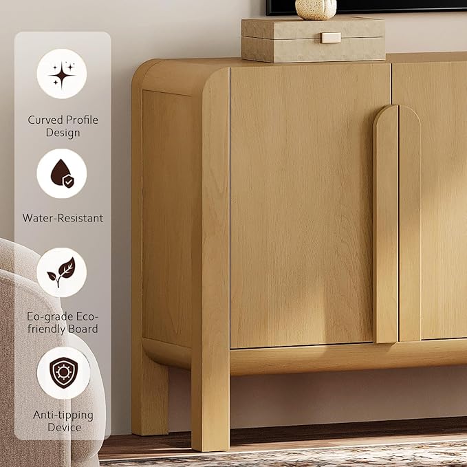 WAMPAT 63" Wide Large Buffet Sideboard Cabinet with Storages, Modern Buffet Table Coffee Bar Wine Bar Storage Curved Cabinet with 4 Doors for Dining Room, Living Room, Kitchen,Oak