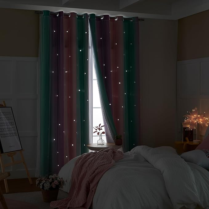 XiDi Curtains for Girls Bedroom Kids Room Unicorn Princess Theme Room Darkening 63 inches Long Wall Decals Pink Purple Green, W52 X L63