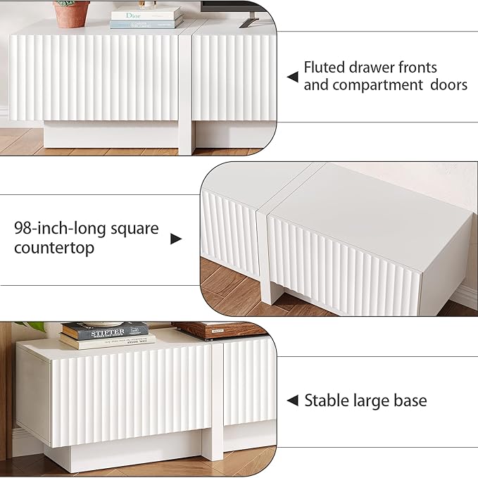 98” TV Stand for Living Room, Modern Entertainment Center with Drawers & Storage Compartments, Large TV Console Fits 55”-95” TVs, Square Top with Grooved Drawer Fronts & Stable Base,White