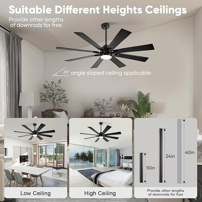 62 Inch Outdoor Ceiling Fan with Light Remote, Modern Black Industrial Ceiling Fan with 8 Blades, Dimmable Large Airflow Indoor Exterior Ceiling Fans for Patios Porch Garage Damp Rated, Quiet DC Motor