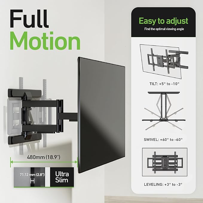 Heavy Duty Dual Arm Articulating TV Wall Mount Bracket for Sony BRAVIA 9 Class Mini LED QLED 4K HDR Google TV (2024) K-75XR90 75 Inch TV - Tilt & Swivel with Reduced Glare