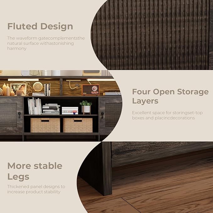 Fluted TV Stands for 70-80 Inch TV, Mid-Century Modern TV Stand Entertainment Center with LED Lights and Open Storage Shelves, 70" Curved TV Media Console for Living Room, Dark Rustic Oak