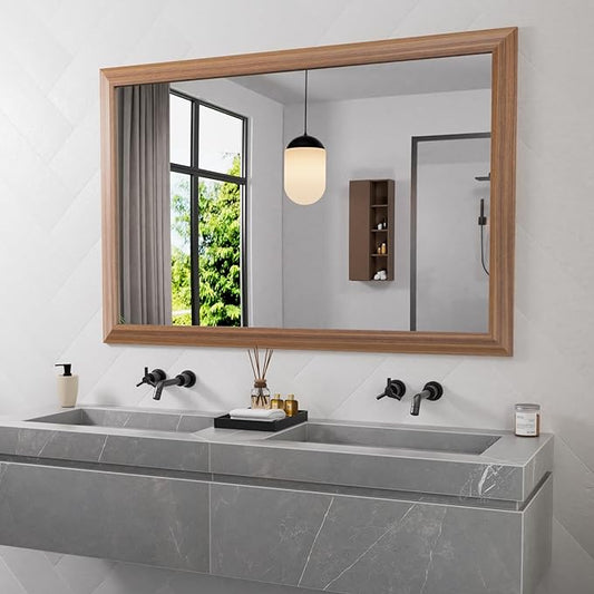 Amorho Bathroom Mirror, 48X32 Inch Wall Mirror, Walnut Wood Grain Metal Framed, Anti-Rust, Hang Horizontally/Vertically, Suitable for Vanity, Bedroom, Farmhouse, Bathroom
