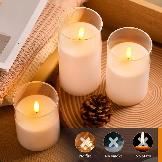 Tyawon Glass Battery Operated LED Flameless Candles with Remote and Timer, Real Wax Candles Warm Color Flickering Light for Festival Wedding Home Party Decor(Pack of 3)-White