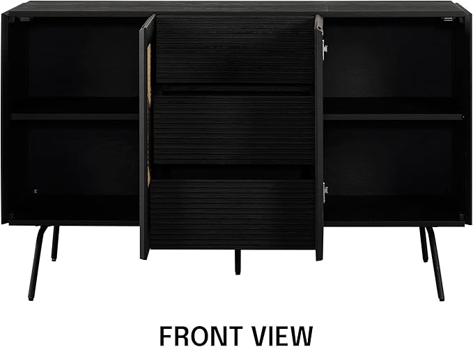 NTC MOSSIC Sideboard with 2 Doors and 3 Drawers, Buffet Cabinet with Natural Rattan and Metal Legs, Modern Storage Cabinet for Living Room, and Hallway, Effortless Assembly - Burnt Black