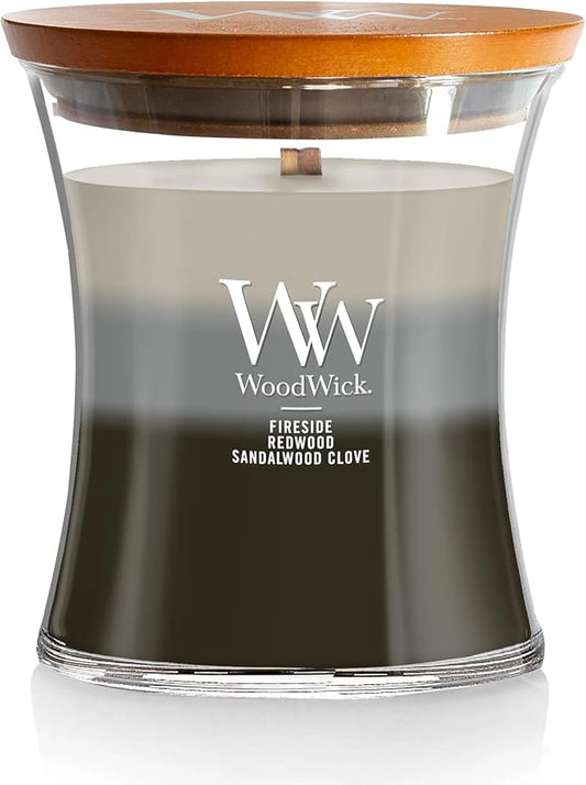 WoodWick Warm Woods Trilogy Holiday Candle Gifts for Women and Men, 9.7 oz Medium Hourglass Trilogy Candle with Crackling Wick