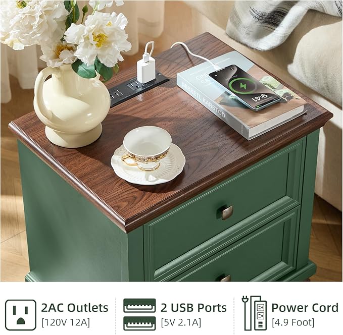Farmhouse Nightstand Set of 2 for Bedroom, Mid-Century Low Nightstands with 2 Drawers & Charging Station, Vintage Night Stands with 4 Square Solid Wood Legs, Small Dresser for Home, Green