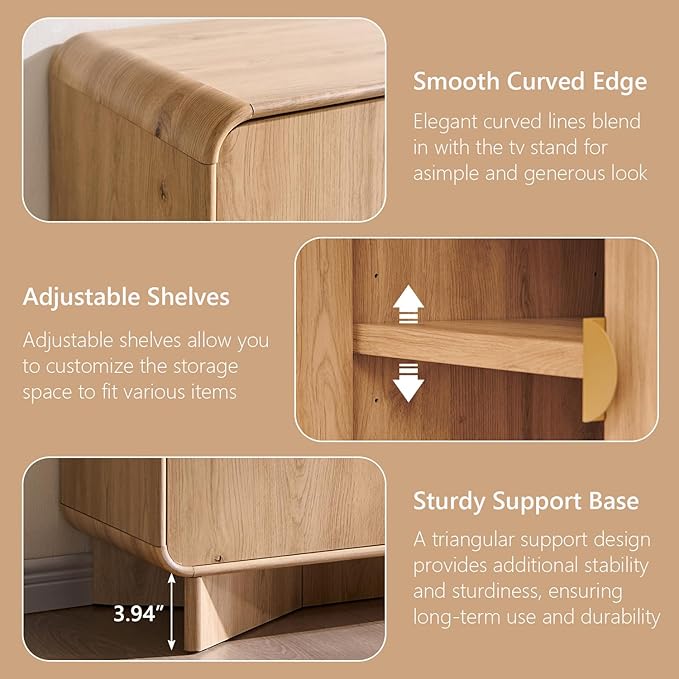 Modern Buffet Cabinet with Storage, 70" Large Sideboard Buffet Storage Cabinet with 4 Doors and Adjustable Shleves, Wooden Curved Coffee Bar for Dining Room, Kitchen, Living Room, Natural Oak