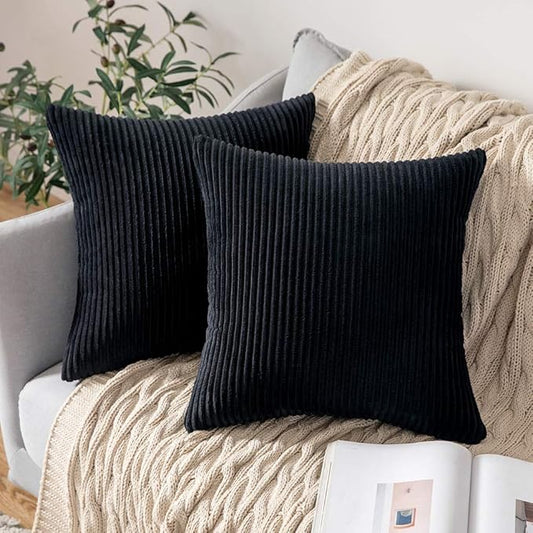 MIULEE Winter Pack of 2 Corduroy Pillow Covers Soft Soild Striped Throw Pillow Covers Set Decorative Square Cushion Cases Pillowcases for Cushion Couch Sofa Bedroom Living Room 16 x 16 Inch Black