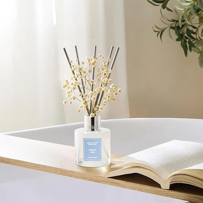 Airkeep Reed Diffuser Set,3.38 fl oz (100 ml) - Freesia Pear Oil Diffusers with 8 Reed Sticks, Home Fragrance Reed Diffuser for Bathroom Shelf Decor