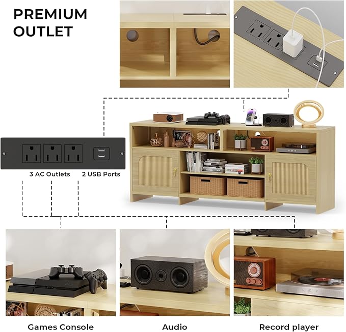 Fluted TV Stands for 70/75/80/85 Inch TV, TV Stand with LED Light and Open Storage Shelf, Mid Century Modern TV Stand with Outlet, Blister Door, Wood TV Cabinet for Living Room, Natural Oak