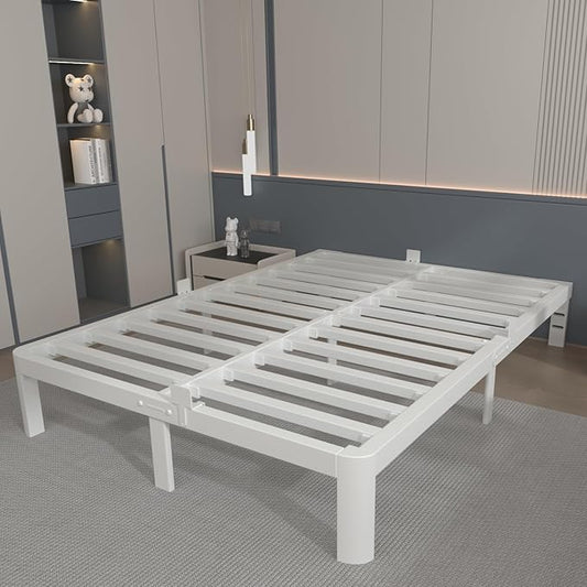 10 Inch White King Size Bed Frame, Metal King Bed Frame with Baffles, No Box Spring Needed, Heavy Duty Steel Platform Support, Rounded Corner Legs, Reserved Holes, Noise Free, Storage Space
