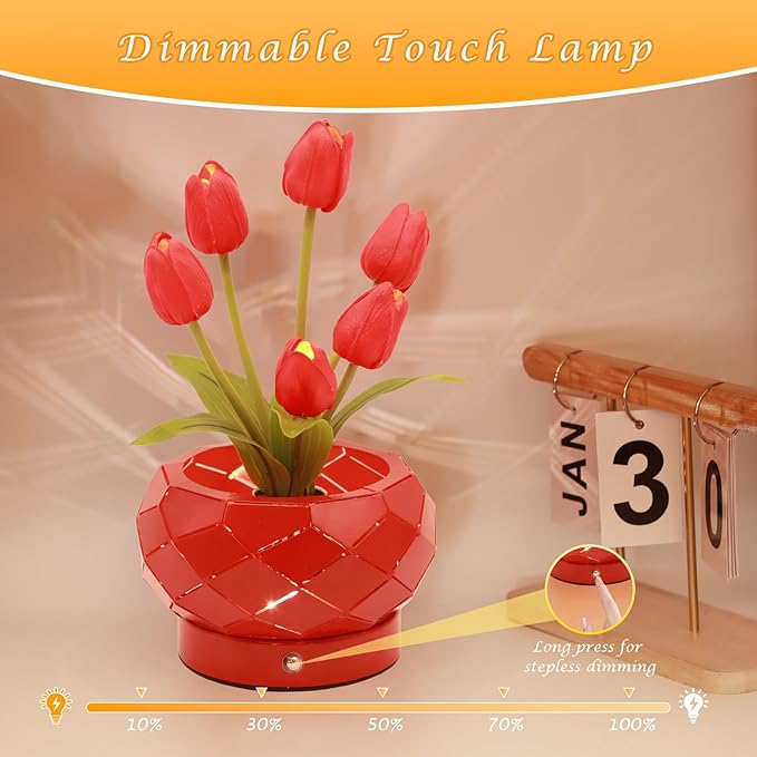 Birthday Gifts for Women,Tulips Flower Touch Lamp,Rechargeable Cordless Lamps 3-Colour Dimming Small Night Light for Festival,Restaurant,Bedroom,Office Home Decor Gifts for Mom