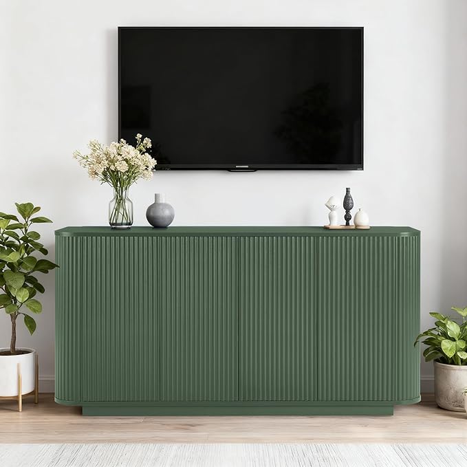 64" Sideboard Buffet Cabinet with Storage, Modern Fluted Accent Credenza with Adjustable Shelves, Wood Media Console Coffee Bar Table for Living Room Kitchen Dining Room, 31.5" H, Green