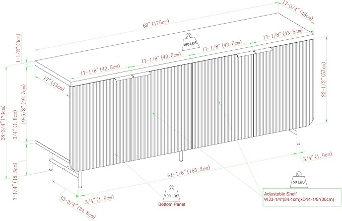 Walker Edison Reema Fluted 4-Door Kitchen Sideboard Buffet Console, 69 Inch, Black