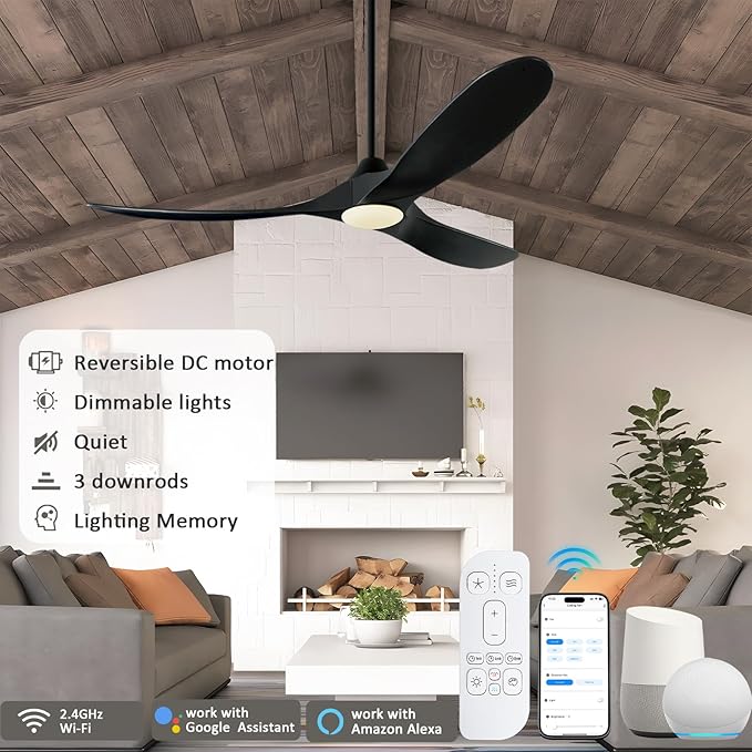 70 inch Outdoor Ceiling Fans with Lights for Patios Waterproof, Large Black Smart Ceiling Fan, DC Motor, 3CCT 22W Dimmable Lights, Industrial Propeller Ceiling Fan for Porch Exterior Indoor