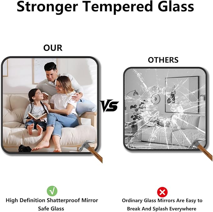 Koonmi Bathroom Mirror, 30X30 Inch Black Metal Framed Mirror for Bathroom, Tempered Glass, Anti-Rust, Rounded Rectangle Mirror for Restroom, Bedroom, Black