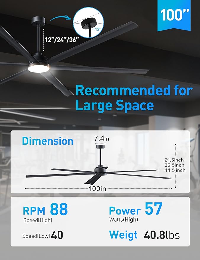 100 Inch Large Industrial HVLS Ceiling Fan with 6 Black Double-Layer Aluminum Blades,High CFM Ceiling Fan with Light and Remote,12/24/36in Downrod,Quiet DC Motor Outdooor Fan for Patio