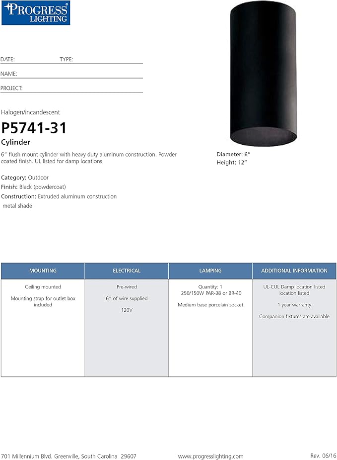 Progress Lighting 6-Inch Cylinder Outdoor Ceiling Light, 1-Light Modern Flush Mount Ceiling Light Fixture, Interior and Exterior Lighting for Home or Porch, Aluminum Construction, Black (P5741-31)
