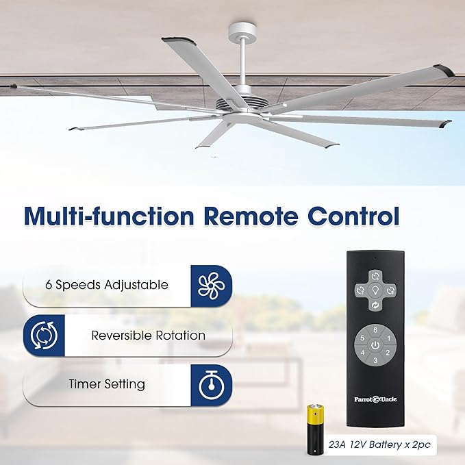 100 Inch Ceiling Fans without Lights, Silver Industrial Large Ceiling Fan with Remote for Living Room Shop Garage Indoor Outdoor, 6 Speeds, DC Motor Reversible 7 Aluminum Blades, Ventilador De Techo