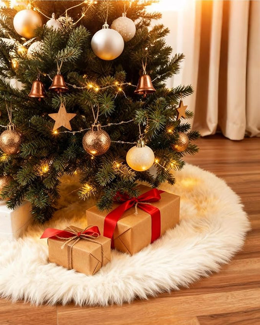 COOLWUFAN 48 Inches Christmas Tree Skirt for Xmas Tree Holiday Party Decorations White Plush (White)