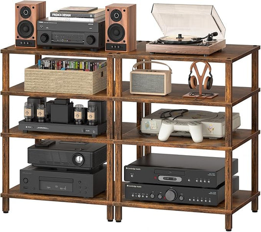LELELINKY 4-Tier AV Media Player Stand Set of 2, Brown Stereo Cabinet, Wooden TV Stand,Game Console Shelf, Multifunctional Entertainment Center, Suitable for Home, Conference Room, Game Studio