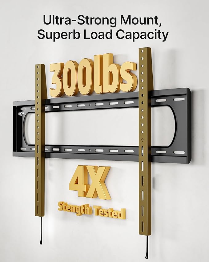 monTEK Heavy Duty Fixed TV Wall Mount Bracket for 60–120" Flat & Curved TVs up to 300lbs, 4× Load Tested, Ultra Slim 1.3" Low Profile, Max VESA 900x600, Quick-Release Lock, Fits 16"/18"/24" Wood Studs