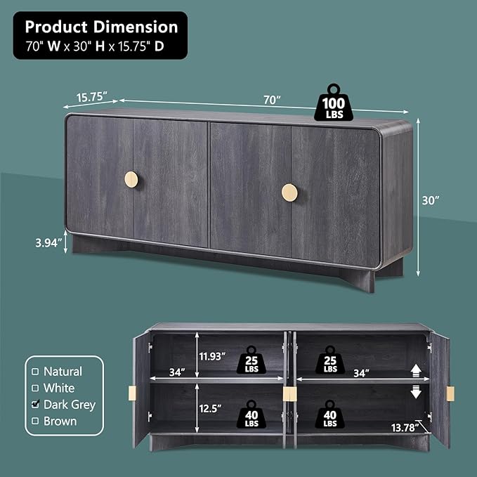 Modern Buffet Cabinet with Storage, 70" Large Sideboard Buffet Storage Cabinet with 4 Doors and Adjustable Shleves, Wooden Curved Coffee Bar for Dining Room, Kitchen, Living Room, Dark Grey