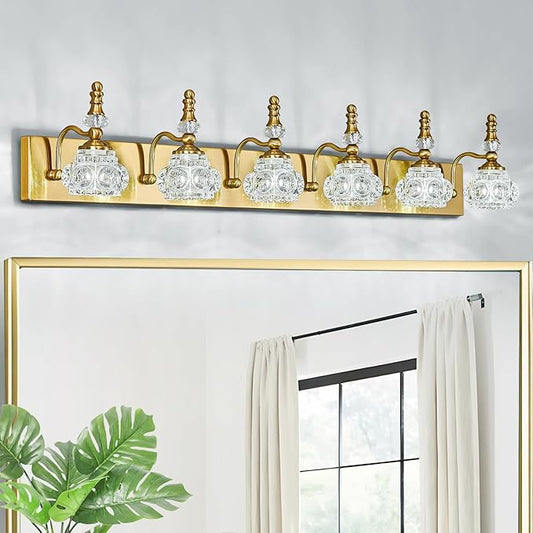 Modern Glass Crystal Vanity Light - Vintage Bathroom Lighting Fixtures Over Mirror 6 Light Vanity Lights G9 Bulb (43.3 Inch, Gold)
