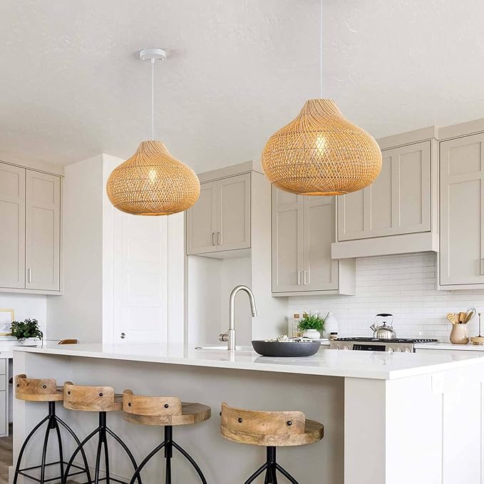 Rattan Pendant Lights, 16.5" Wicker Chandelier Hand-Woven Boho Pendant Light Rattan Basket Hanging Light for Dining Room Kitchen Island Living Room