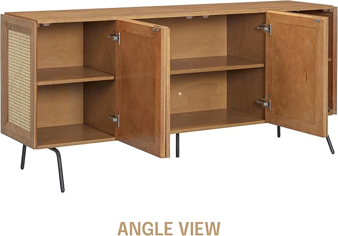 NTC MOSSIC Modern Sideboard with 4 Doors, Natural Rattan Storage Cabinet, Buffet with Metal Legs, Boho Accent Cabinet for Living Room, and Entryway, Effortless Assembly, Teak Look