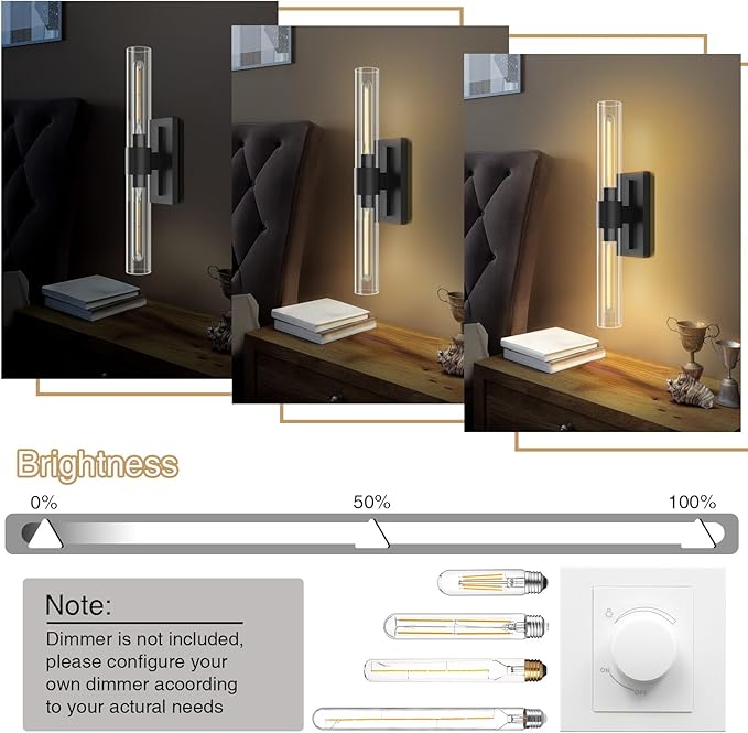 YUYI Black Wall Sconces, 22.8'' Wall Light Set of Two for Bathroom Vanity, Modern Wall Lighting Fixtures with Glass Shade, Indoor Wall Sconces for Bathroom, Bedroom, Living Room, Hallway, Fireplace