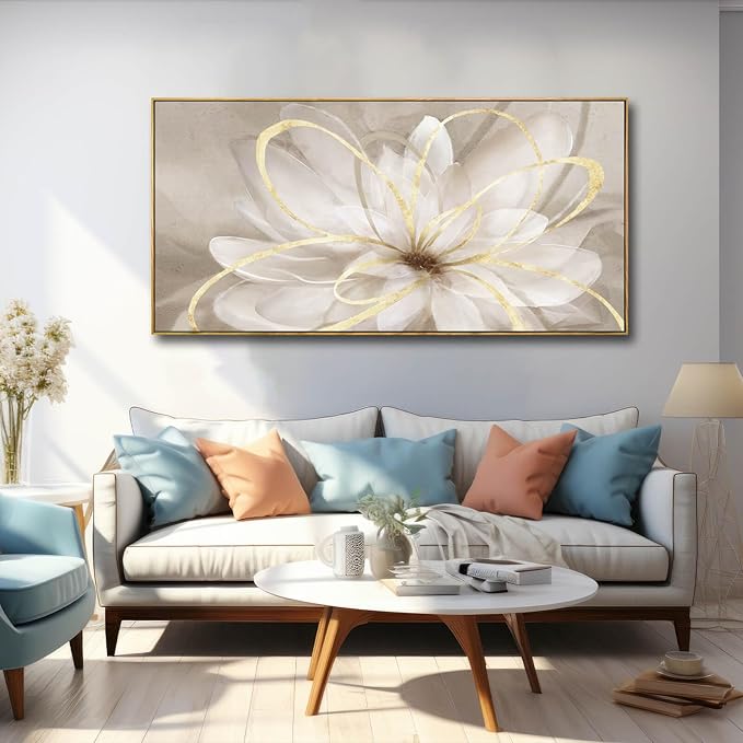 SOUGUAN Gold Flowers Canvas Wall Art Abstract Line Wall Decorations for Living Room Modern Home Decor Office Hanging Prints 24x48 Inch Bedroom Posters