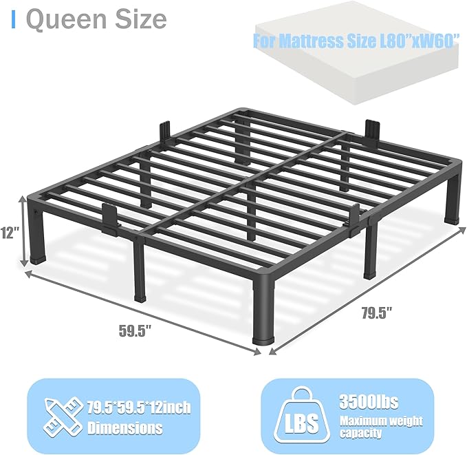 12 inch Queen Bed Frame with Round Corner Legs Mattress Slide Stopper,3500 lbs Heavy Duty Metal Platform,Steel Slats Support,No Box Spring Needed,Easy Assembly,Noise Free